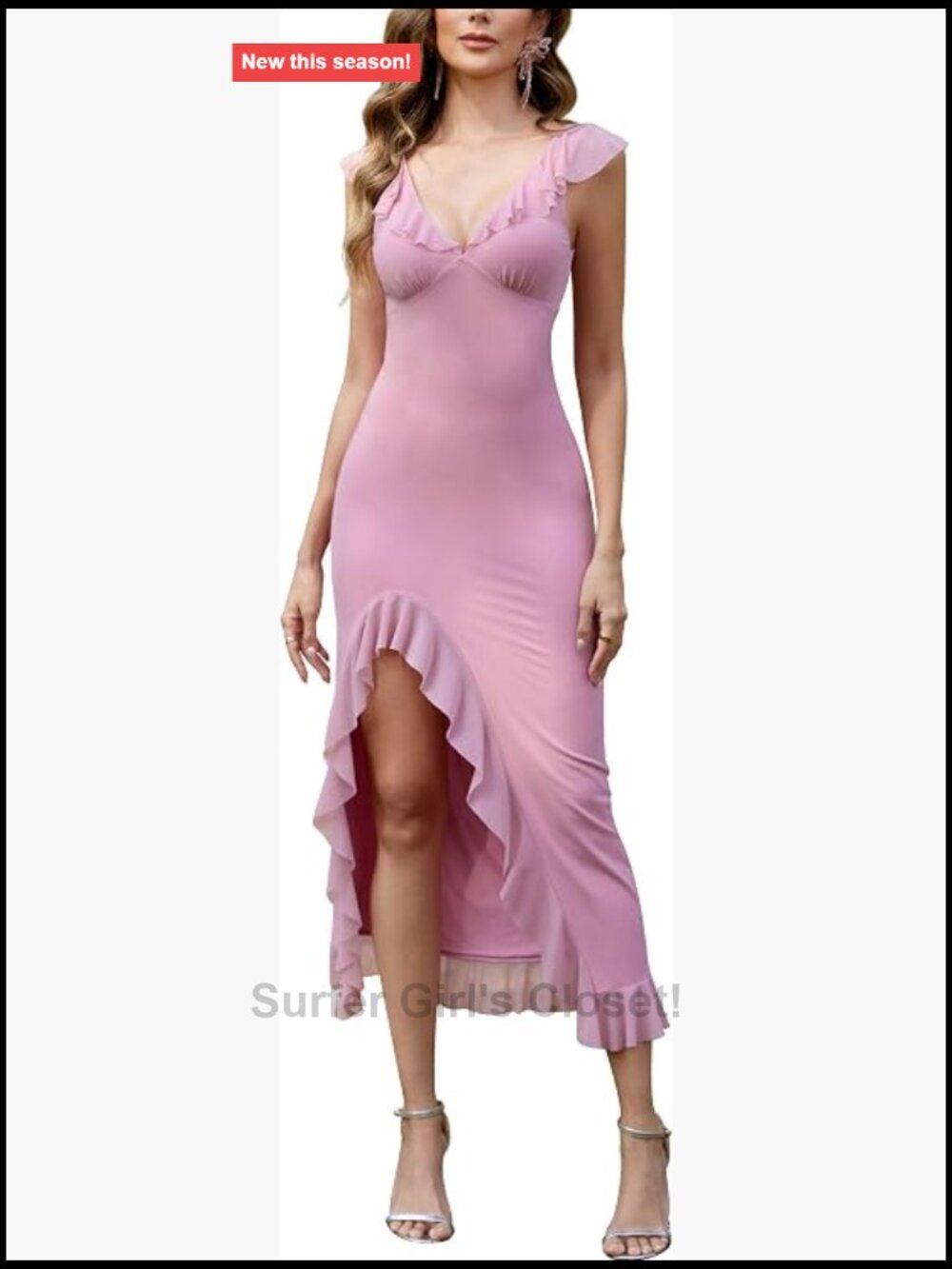 Women's V-Neck Mesh Ruffle Maxi Dress High Slit Sleeveless Flowy Long Dress
